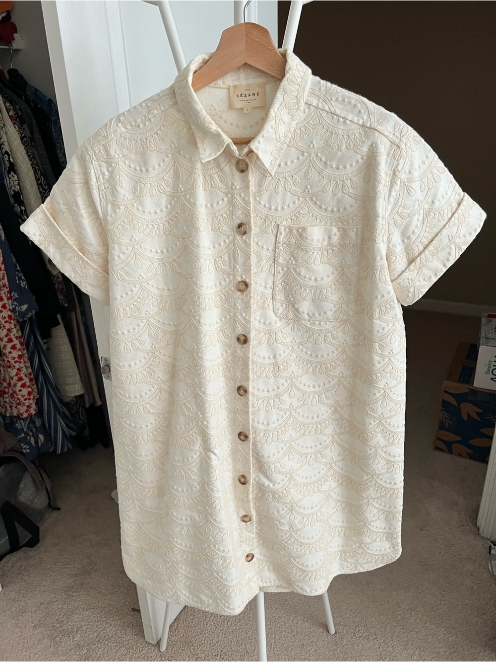 Sezane Cream Short-Sleeve Embroidered Button-Up Shirt-Dress